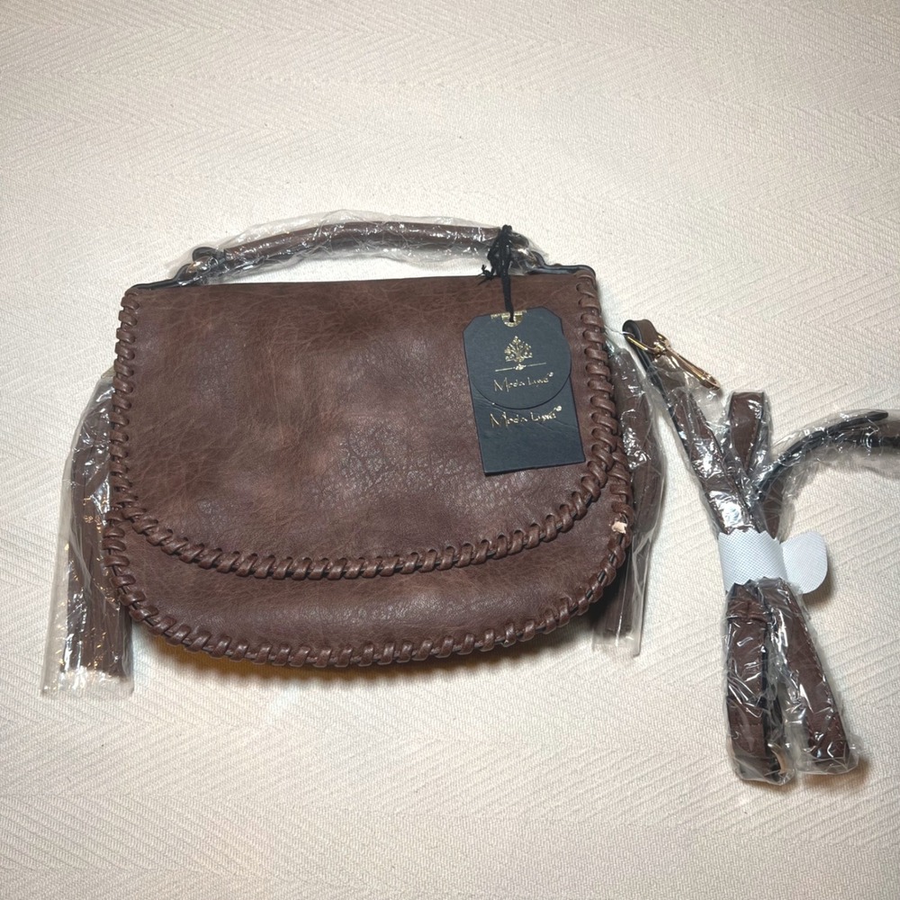 Moda Luxe Liana Chocolate Brown Whipstitch Tassel Crossbody Boho Saddle Bag NEW